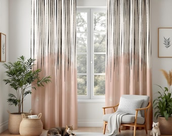 Pink Ombre Living Room Curtains, Modern Brushstroke Window Drapes, Abstract Black Line Art Panels for Neutral Decor