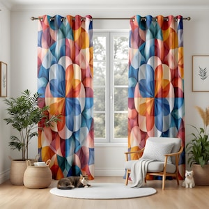 Modern Geometric Floral Living Room Curtains, Multicolor Overlapping Petal Drapes, Contemporary Home Decor, Boho Modern Decor