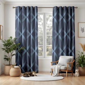 Modern Geometric Living Room Curtains, Navy Blue Diamond Pattern Drapes, Contemporary Window Panels, Mid Century Decor