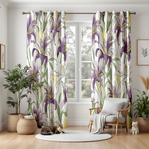Purple White Floral Blackout Curtains, Vibrant Iris Window Panels, Green Yellow Botanical Drapes for Living Room & Bedroom