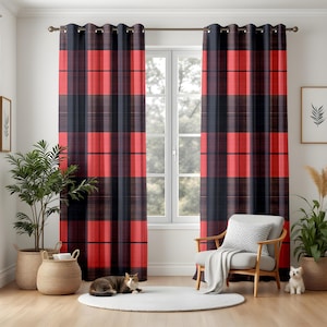Modern Buffalo Plaid Kitchen Curtains, Red and Black Check Pattern Drapes, Farmhouse Style Window Panels