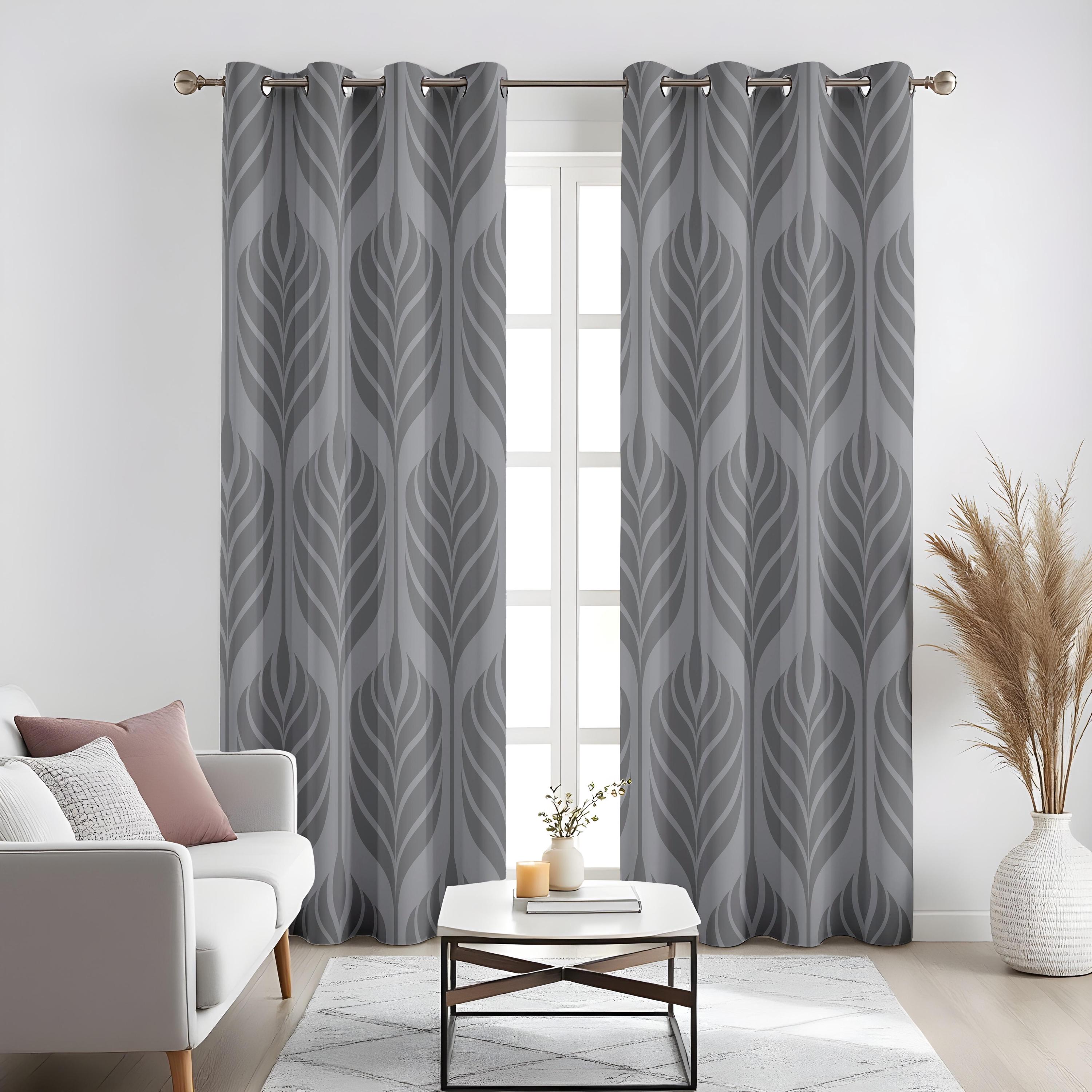 Modern Gray Leaf Curtains for Living Room, Elegant Monochrome Drapes