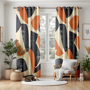 Modern Abstract Living Room Curtains, Navy Blue and White Geometric Drapes, Minimal Botanical Window Panels, Blackout or Thermal Lining