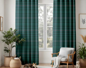 Cortinas opacas a cuadros verde pino, cortinas de tartán rosa intenso, decoración rústica escocesa para sala de estar, hogar clásico de invierno