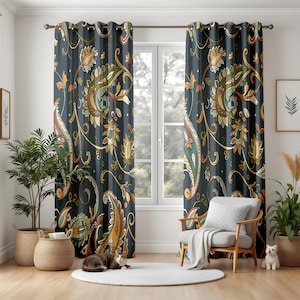 Boho Paisley Curtains, Dark Floral Drapes in Earth Tones, Global Vintage Window Panels for Living Room or Bedroom