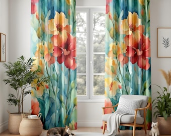Cortinas de cocina con estampado botánico llamativo, cortinas con motivos de jardín en acuarela, paneles de ventana florales multicolores, decoración del hogar con estilo pictórico, estampado de flores de primavera.