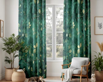 Botanical Living Room Curtains, Forest Green Leaf Print Drapes, Nature Inspired Window Panels for Relaxing Spaces