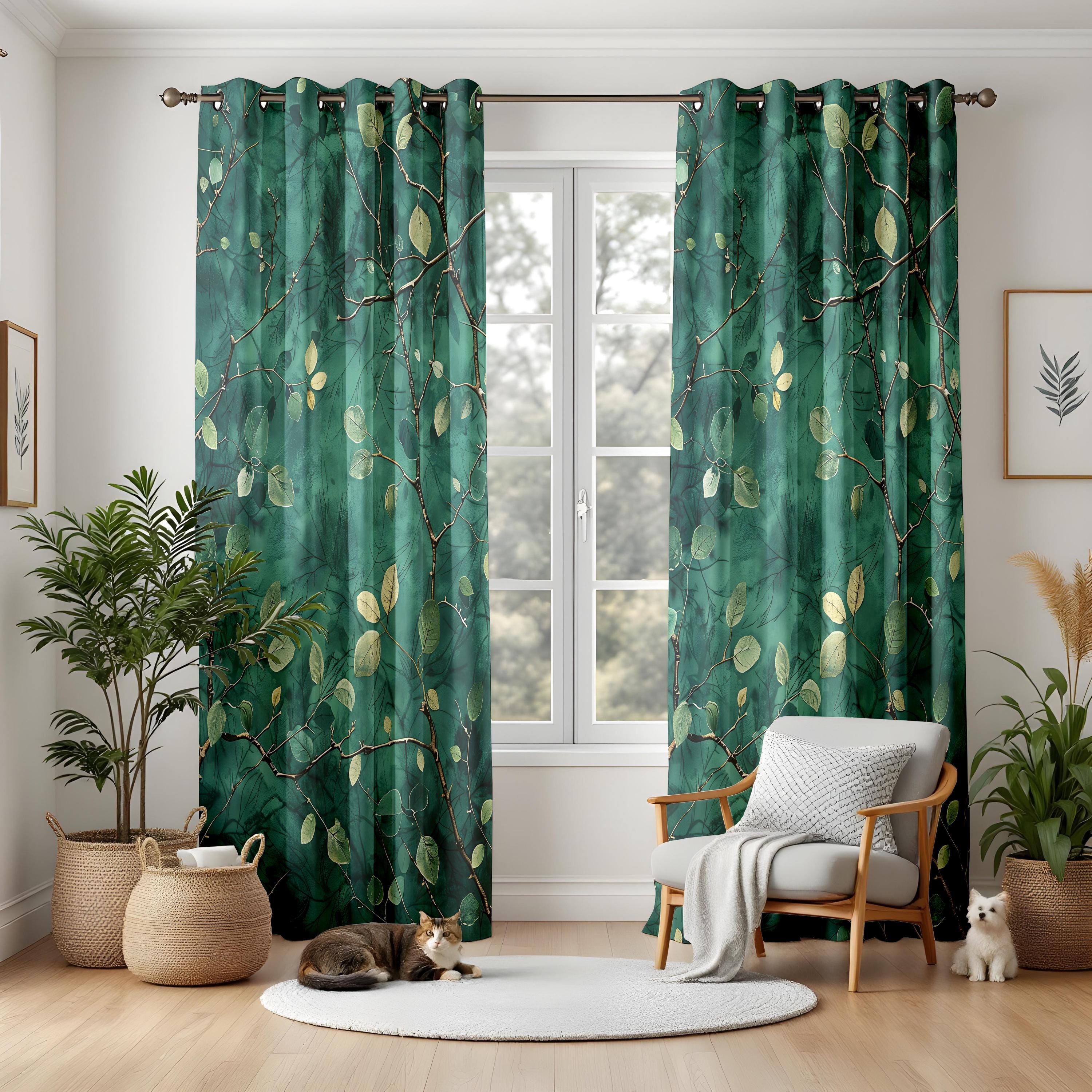 Botanical Living Room Curtains, Forest Green Leaf Print Drapes, Nature ...
