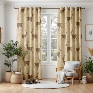 Woodland Deer Living Room Curtains, Rustic Farmhouse Window Drapes, Nature Inspired Beige Panels, Cozy Cabin Decor