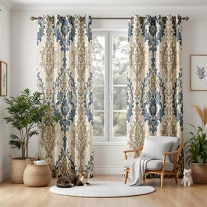 Stoffige blauwe damast verduisterende gordijnen, klassieke gebloemde raampanelen voor de woonkamer, beige en bruine gordijnen in tapijtstijl
