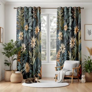 Floral Botanical Curtains for Living Room, Elegant Dark Leaf Drapes, Vintage Nature Window Panels, Flower Print Decor
