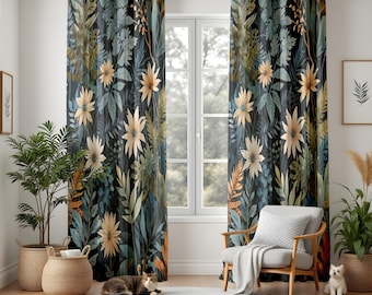 Floral Botanical Curtains for Living Room, Elegant Dark Leaf Drapes, Vintage Nature Window Panels, Flower Print Decor