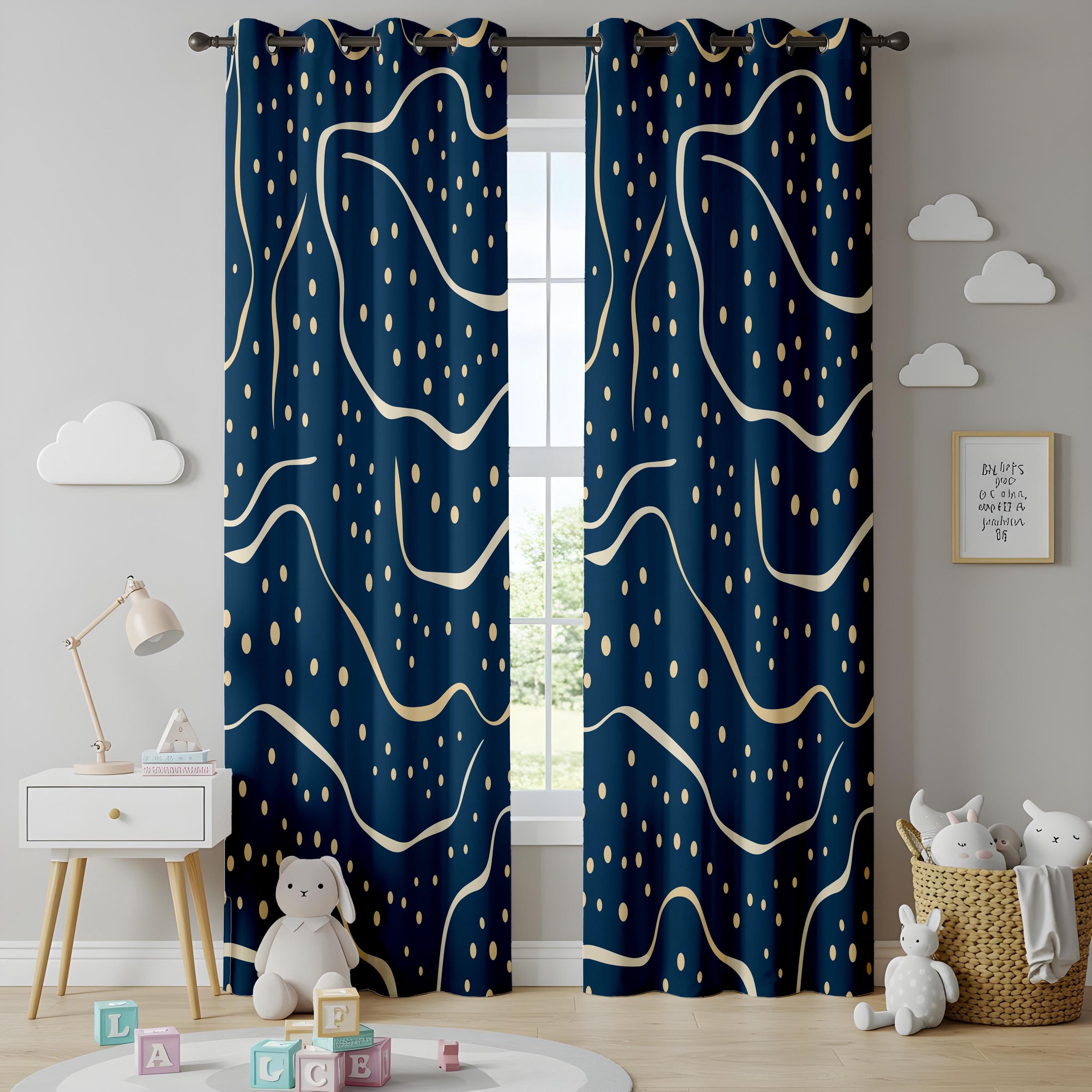 Curtians Graphics Navy Blue Abstract Living Room Curtains, Modern Wavy Line and Dot ...