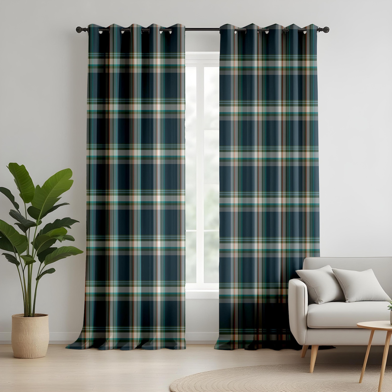 Classic Plaid Living Room Curtains, Navy Green Tartan Drapes, Cozy ...