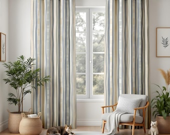 Neutral Vertical Stripe Living Room Curtains, Modern Rustic Window Drapes, Beige and Blue Wavy Line Panel, Blackout or Thermal