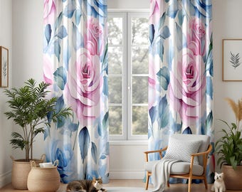 Watercolor Floral Blackout Curtains, Elegant Pink & Blue Rose Drapes, Romantic Flower Window Panels for a Chic Home Decor