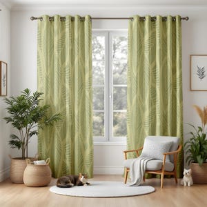 Green Botanical Living Room Curtains, Tropical Leaf Print Drapes, Nature Inspired Window Panels, Coastal Modern Home Decor