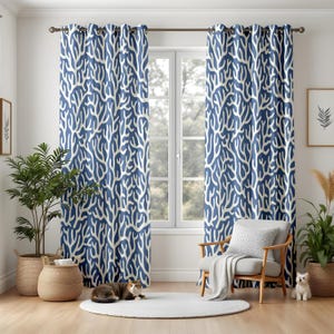Coastal Coral Pattern Living Room Curtains, Ocean Blue Nautical Decor, Beach Style Window Drapes, White and Blue Home Accent