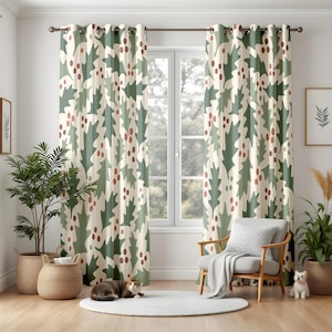 Christmas Leaf Curtains for Living Room, Holiday Green and Red Print Drapes, Winter Botanical Window Panels, Festive Home Decor