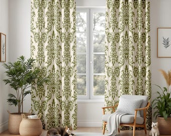 Elegant Damask Print Living Room Curtains, Ornate Green and Neutral Drapes, Timeless Home Decor Window Panels