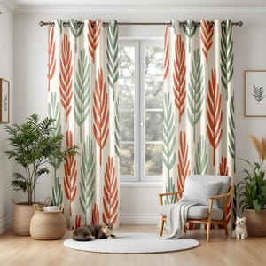 Organic Leaf Blackout Curtains, Earthy Red & Green Living Room Drapes, Modern Botanical Window Panels, Nature Inspired Decor