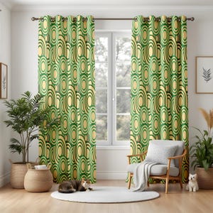 Mid-Century Modern Geometric Blackout Curtains, Retro Green & Gold Abstract Circle Living Room Drapes for Stylish Homes
