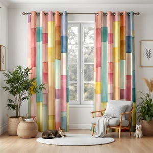 Made to Measure Color Block Living Room Curtains, Modern Watercolor Panel Drapes, Multicolor Pastel Window Decor, Blackout or Thermal Lining
