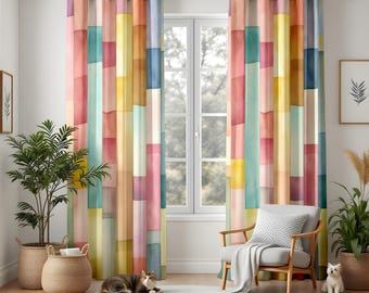 Made to Measure Color Block Living Room Curtains, Modern Watercolor Panel Drapes, Multicolor Pastel Window Decor, Blackout or Thermal Lining