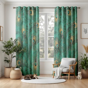 Peacock Feather Window Curtains, Luxurious Boho Drapes, Emerald Green & Gold Tones, Eclectic Glam Home Decor, Bold Statement
