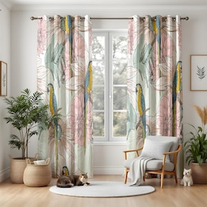 Tropical Bird and Floral Living Room Curtains, Soft Pastel Jungle Decor Drapes, Parrot Print Botanical Window Panels