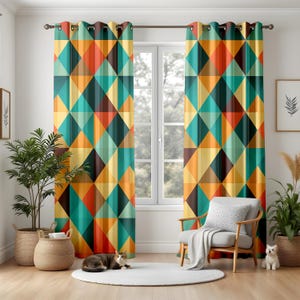 Geometric Teal and Orange Living Room Curtains, Modern Triangle Window Panels, Vibrant Home Decor Drapes, Boho Color Block Style