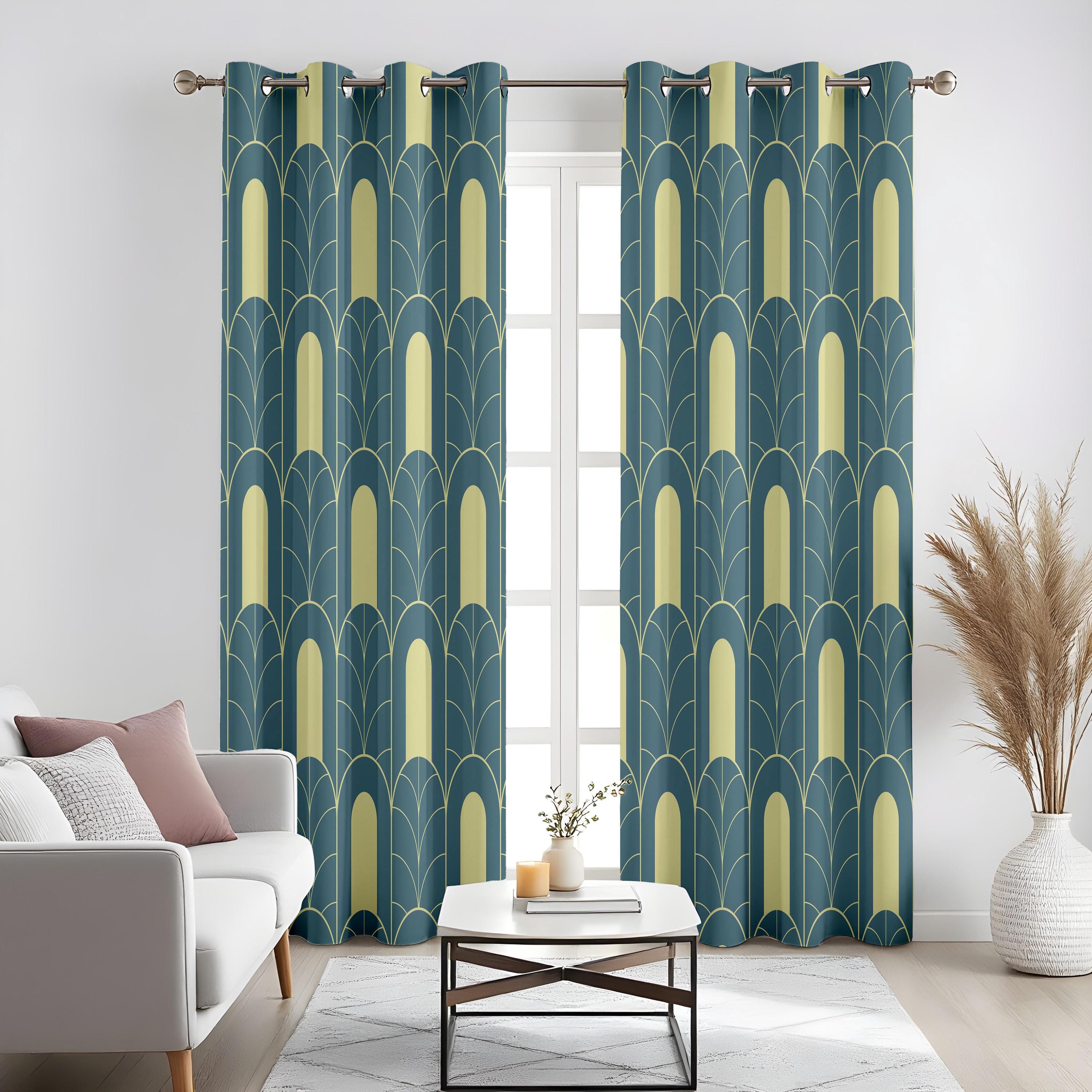 Curtians Graphics Art Deco Curtains for Living Room, Teal and Yellow Graphic Drapes ...