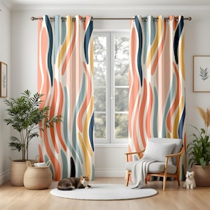 Modern Abstract Blackout Curtains, Colorful Vertical Stripe Living Room Drapes, Retro Inspired Window Panels for Home Decor
