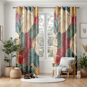 Tropical Leaf Curtains for Living Room, Colorful Jungle Print Drapes, Boho Botanical Window Panels, Vibrant Home Decor