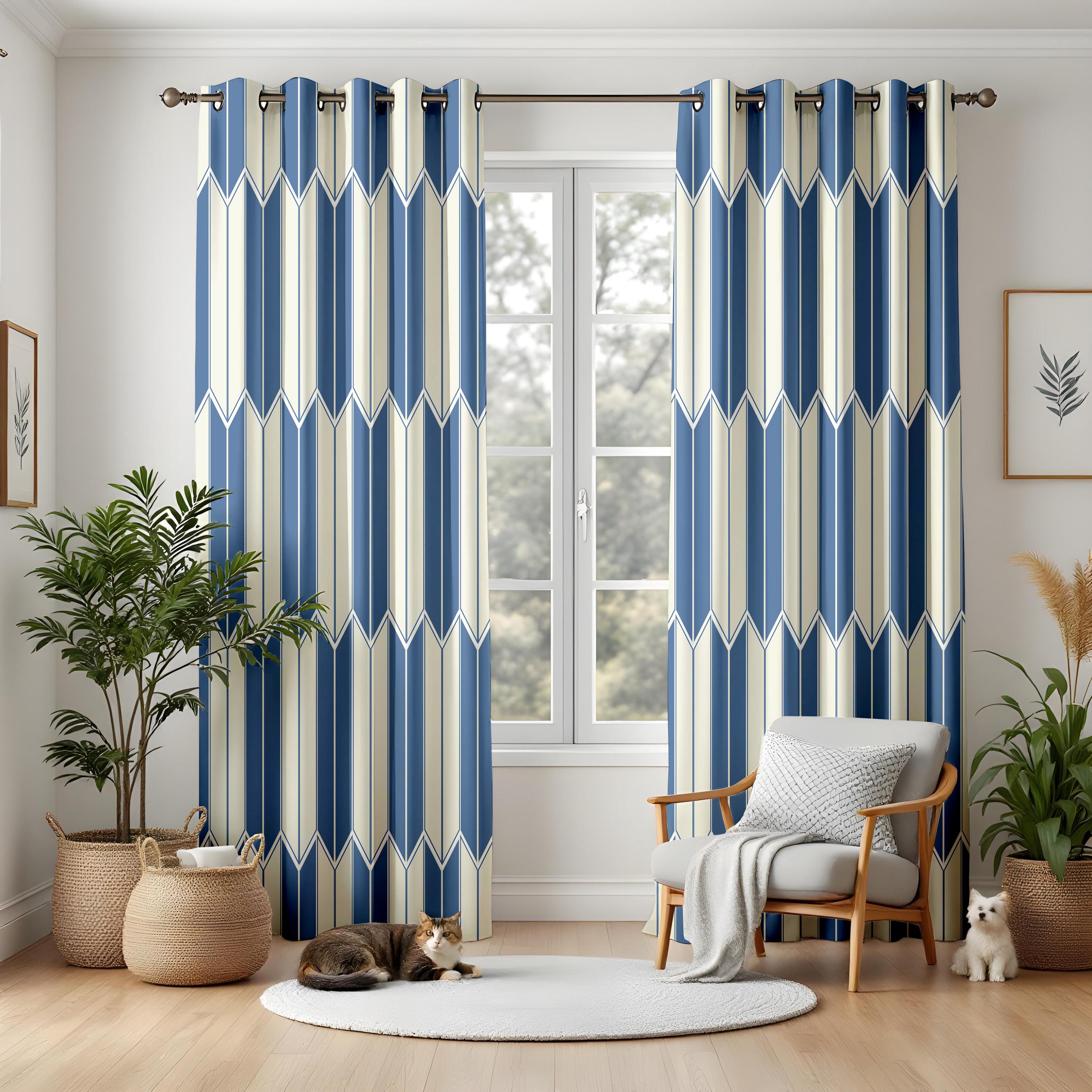 Modern Geometric Curtains for Living Room, Navy Blue and Cream Stripe Drapes, Coastal Window Panels, Contemporary Home Decor
