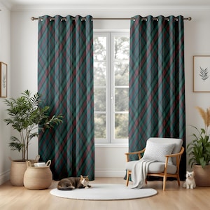 Plaid Tartan Living Room Curtains, Rustic Cabin Lodge Style Drapes, Green Red Check Window Panels, Classic Country Home Decor