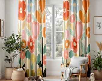 Retro Floral Blackout Curtains, Mid-Century Orange Pink Blue Living Room Drapes, Playful Abstract Flower Window Panels Cute