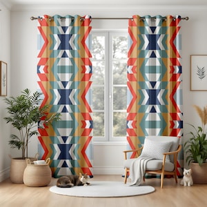 Geometrische Vorhänge für Wohnzimmer, kräftige rote marineblaue Mustervorhänge, Tribal Boho Fensterpaneele, Verdunkelungsvorhang oder Thermovorhang
