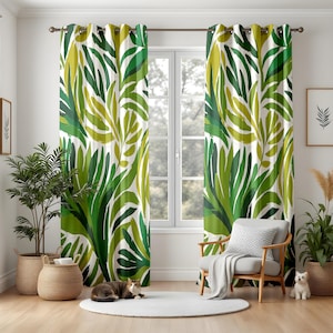 Tropical Leaf Living Room Curtains, Green Botanical Window Drapes, Vibrant Jungle Style Panels for Indoor Plants Decor
