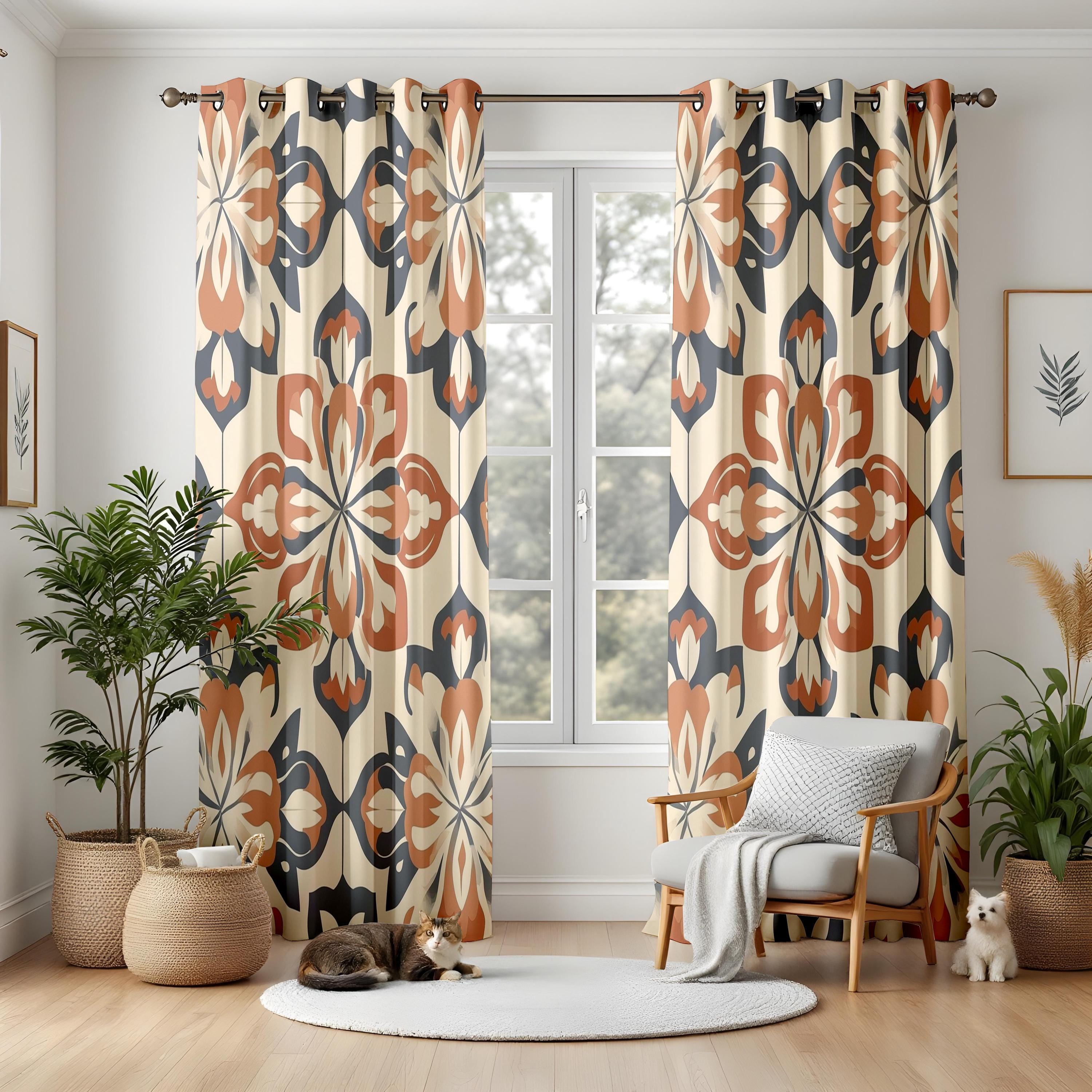 Boho Floral Living Room Curtains, Terracotta Cream Patterned Drapes, Modern Rustic Home Decor, Statement Window Panels