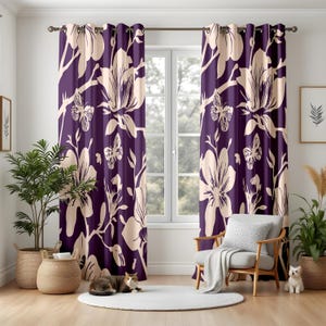 Plum Purple Magnolia Blackout Curtains, Elegant Butterfly & Floral Window Panels for Living Room Decor, Custom Sized Drapes