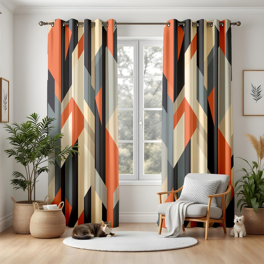 Modern Geometric Living Room Curtains, Bold Chevron Window Panels ...