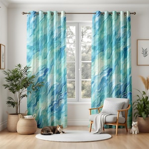 Ocean Wave Pattern Living Room Curtains, Aqua Blue and Turquoise Watercolor Drapes, Coastal Beach House Window Panels