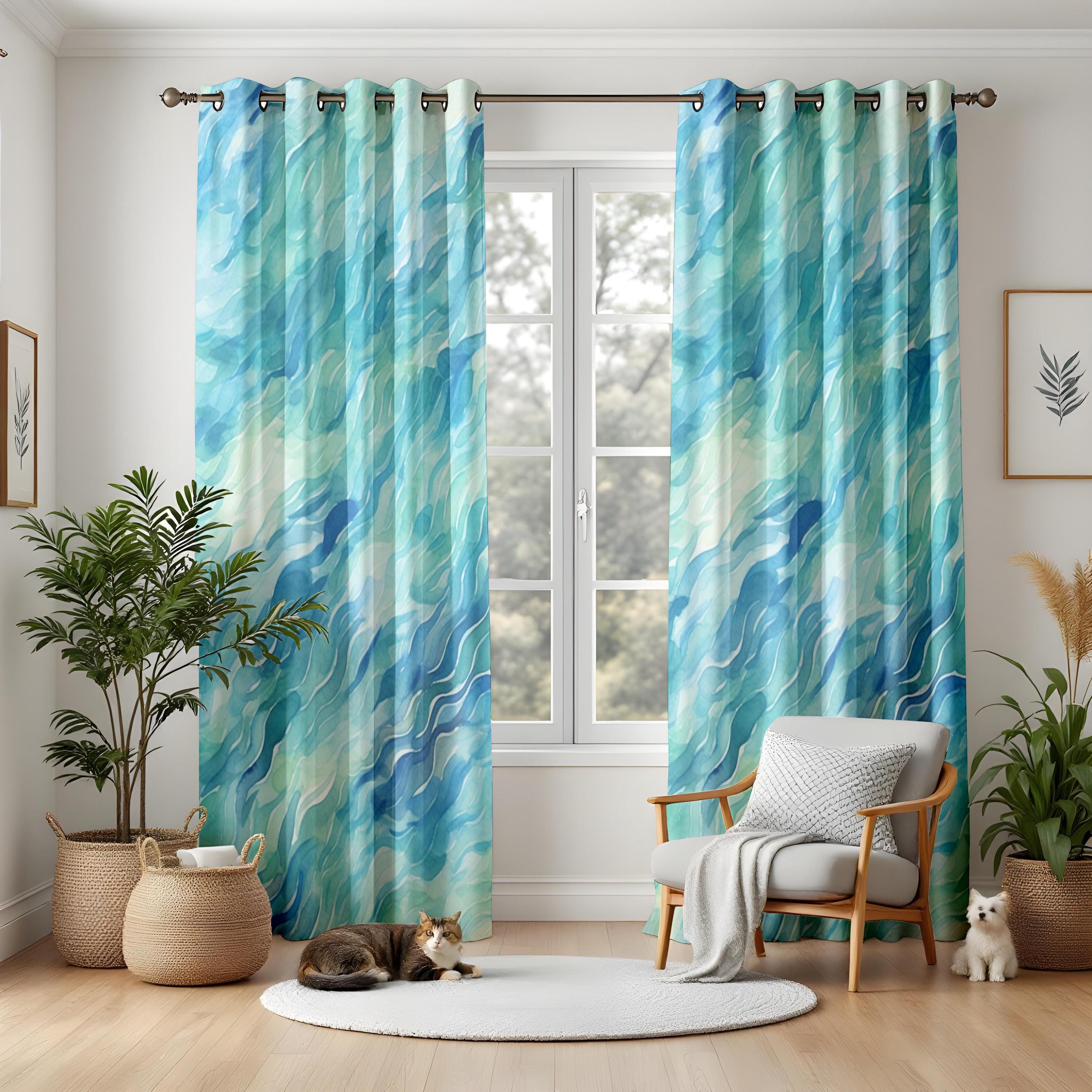 Ocean Wave Pattern Living Room Curtains, Aqua Blue and Turquoise Watercolor Drapes, Coastal Beach House Window Panels