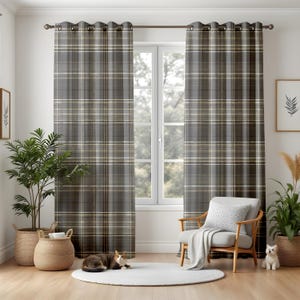 Gray Plaid Curtains for Living Room, Farmhouse Style Tartan Drapes, Cozy Window Panels, Custom Thermal Curtains