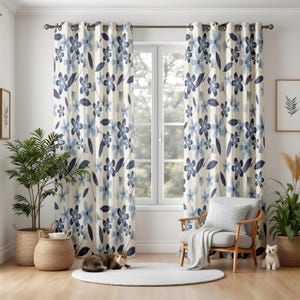 Bohemian Blue Floral Blackout Curtains, Cottagecore Style Living Room Drapes, Navy and Sky Blue Botanical Window Panels
