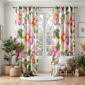 Watercolor Floral Living Room Curtains, Pink and Purple Botanical Drapes, Cottagecore Style Window Panels, Elegant Home Decor