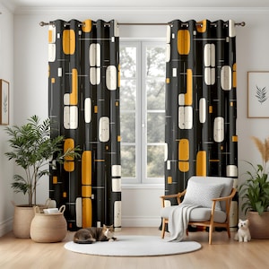 Mid Century Modern Living Room Curtains, Retro Geometric Window Panels, Mustard and Cream Abstract Decor