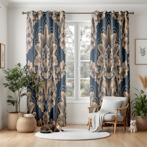 Sierlijke damast verduisterende gordijnen, elegante marineblauwe en beige woonkamergordijnen, traditionele bloemenraampanelen voor woondecoratie