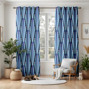 Blue Art Deco Living Room Curtains, Geometric Bold Window Drapes, Navy and Aqua Patterned Home Decor, Blackout or Thermal